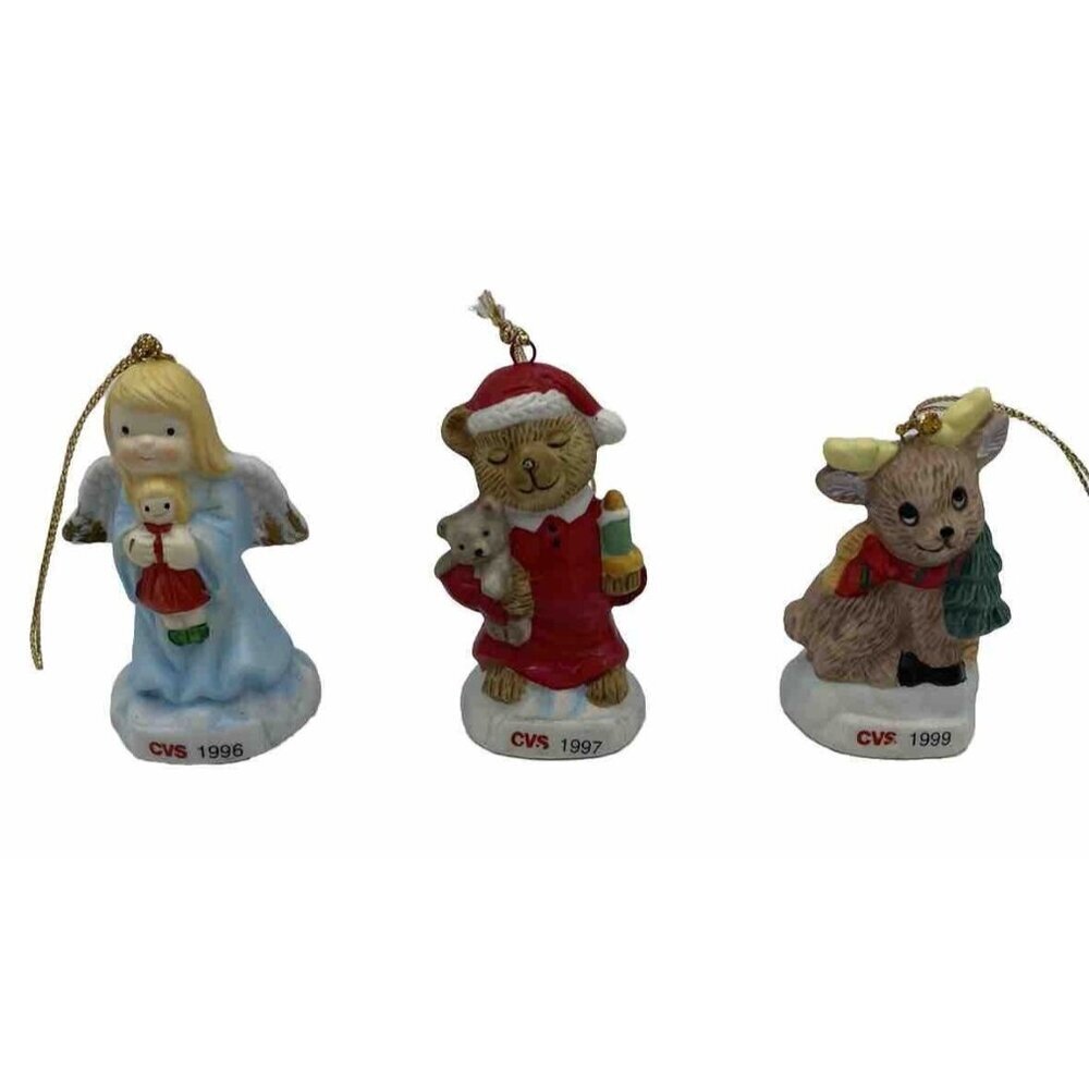 Vintage Lot OF 3 CVS Christmas Ornaments 1990s Angel Bear Reindeer 96 97 99